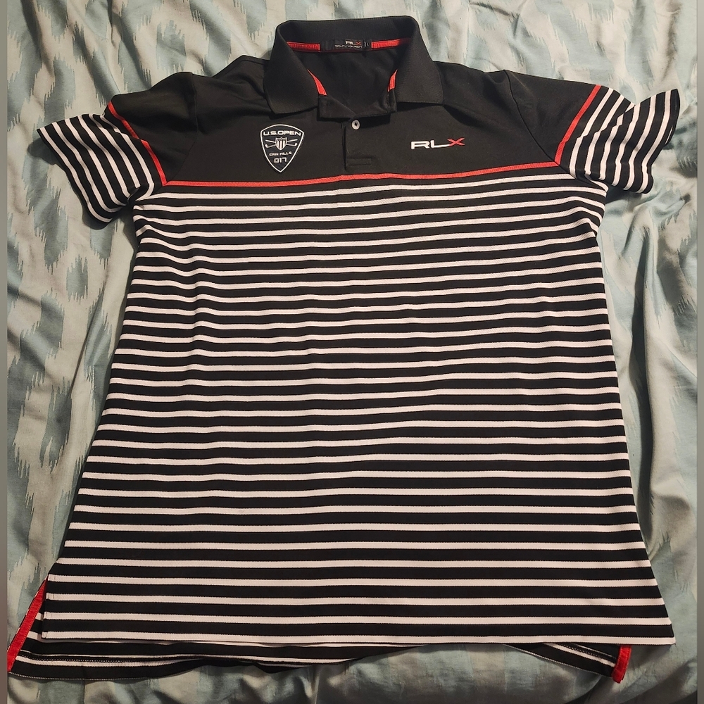 RLX Ralph Lauren Golf Polo Shirt Black Stripe‎ US Open Erin Hills Men's Size L